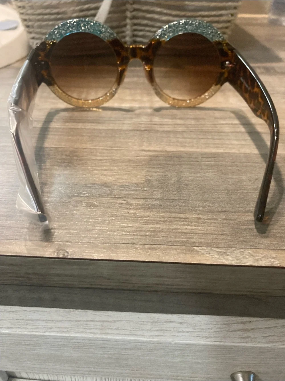 Tortoiseshell Round Sunglasses with Teal & Gold Glitter Accents